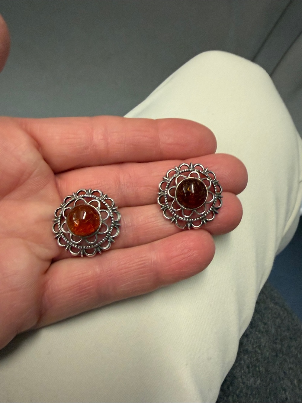 NWOT Silver Filigree Earrings with Amber Cabochons